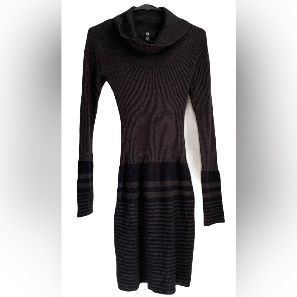 IZBYER GreyBlack Long Sleeve Cowl-neck Sweater Dress, Size:M Form Fitting
